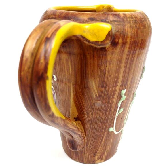 Italian Pottery Hand Painted Pitcher Raised Relief Flowers Brown Faux Wood - Picture 10 of 10